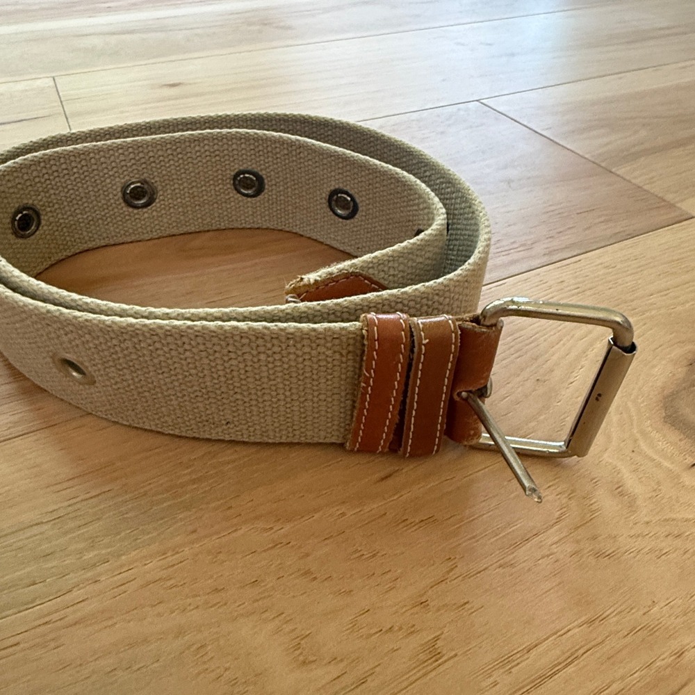 J.Crew Belt Women S Beige Brown Canvas Leather Grommet Silver Buckle Streetwear